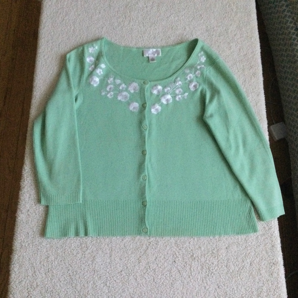 Vintage Loft Embroidered Floral Cardigan Sweater Green - Sz Large Petite